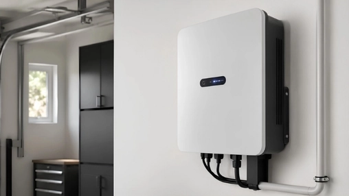 Wall-mounted home energy inverter with blue indicator lights and cable outputs installed in a domestic garage