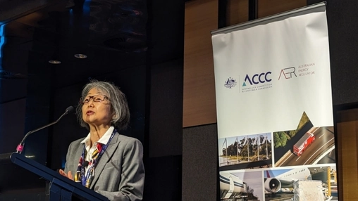 A speaker addresses an audience beside a banner displaying energy regulator logos