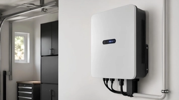 Wall-mounted home energy inverter with blue indicator lights and cable outputs installed in a domestic garage